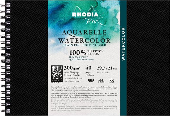 Image du produit Rhodia Touch Watercolor Book, papier grain fin 100% coton 300g - A4 paysage, 40 pages - Noir (300 g/m², 100 x)