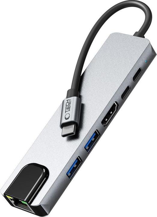 Produktbild Tech-Protect HB02 HUB Adapter 6in1 USB-C + USB2.0 + USB3.0 + HDMI 4K 30Hz + RJ45 + PD100W - gray (USB-C, 6 Ports)