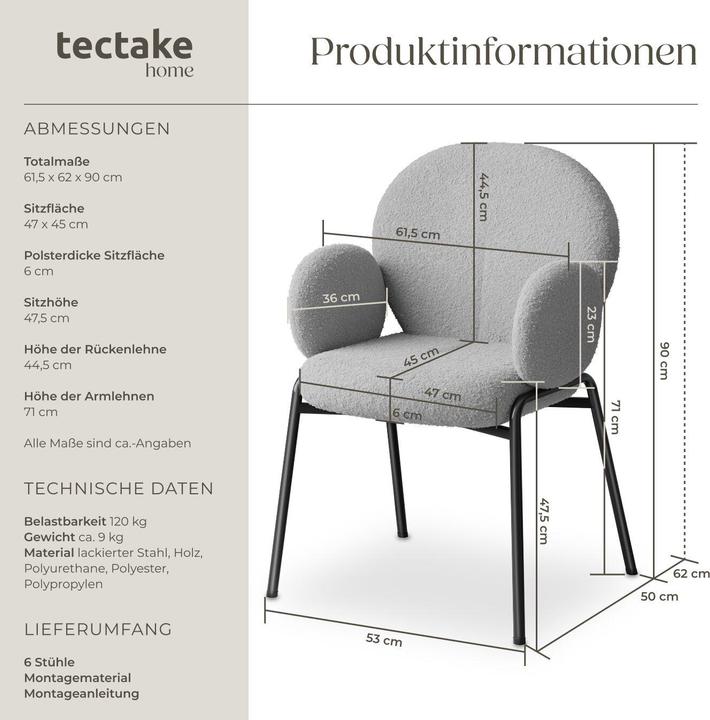 Image du produit tectake Set de 6 chaises Scandi rembourrées