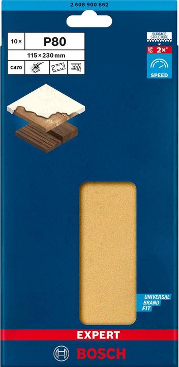 Productafbeelding Bosch Professional Zubehör Expert C470 Schuurpapier met 14 gaten voor vlakschuurmachine, 115 x 230 mm, G 80, 10 stuks. (80)