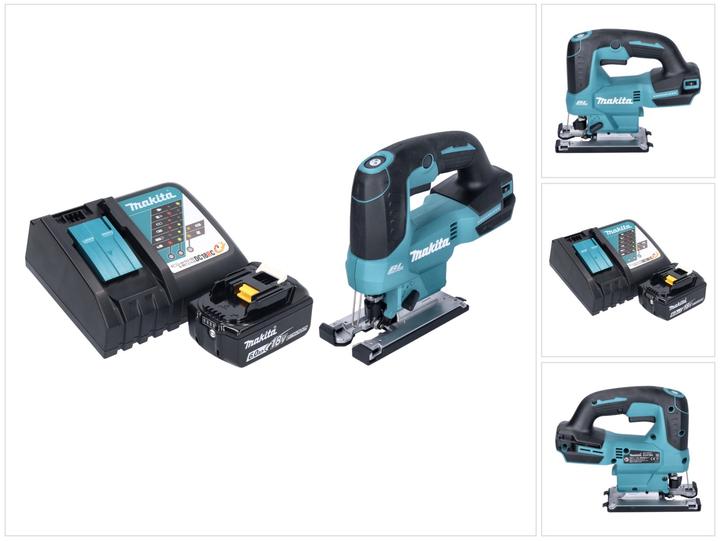 1x Makita DJV 184 cordless pendulum action jigsaw, 1x sliding block plastic, 1x jigsaw blade B-50 wood, 1x Makita BL 1860 B 18 V 6.0 Ah rechargeable battery, 1x Makita DC 18 RC rechargeable battery quick charger