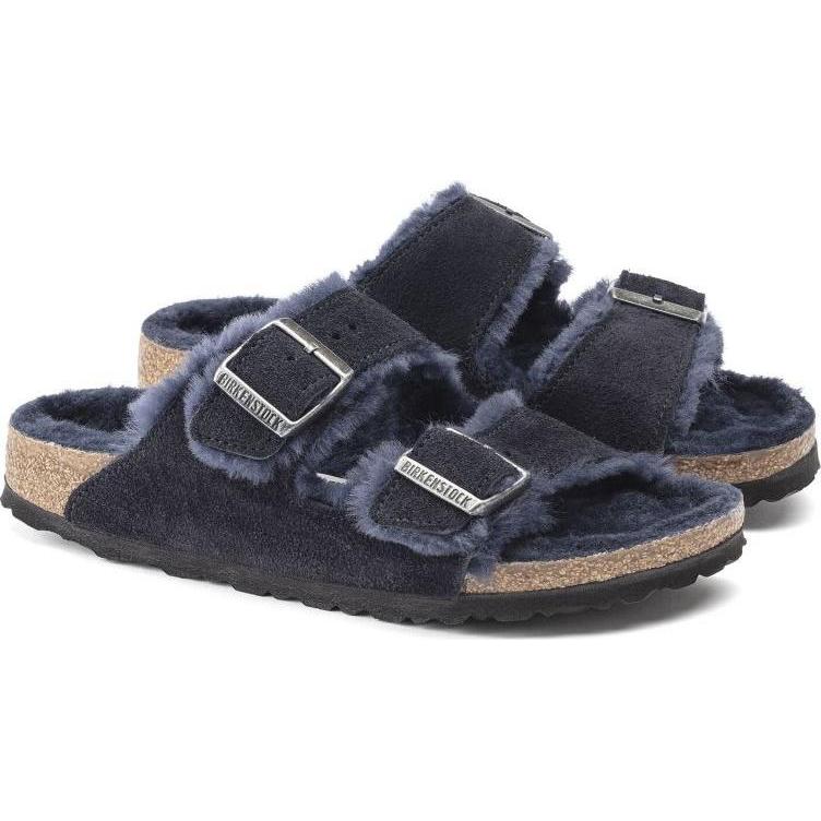 Birkenstock, Unisex, Sandali + Ciabatte, Arizona VL Schmale Pantoletten aus Wildleder mit Shearling in Mitternachtsblau, Blu, (45)