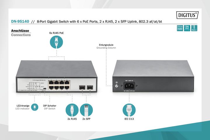 Produktbild Digitus 8-Port Gigabit PoE Switch, Unmanaged, 2 Uplinks (10 Ports)
