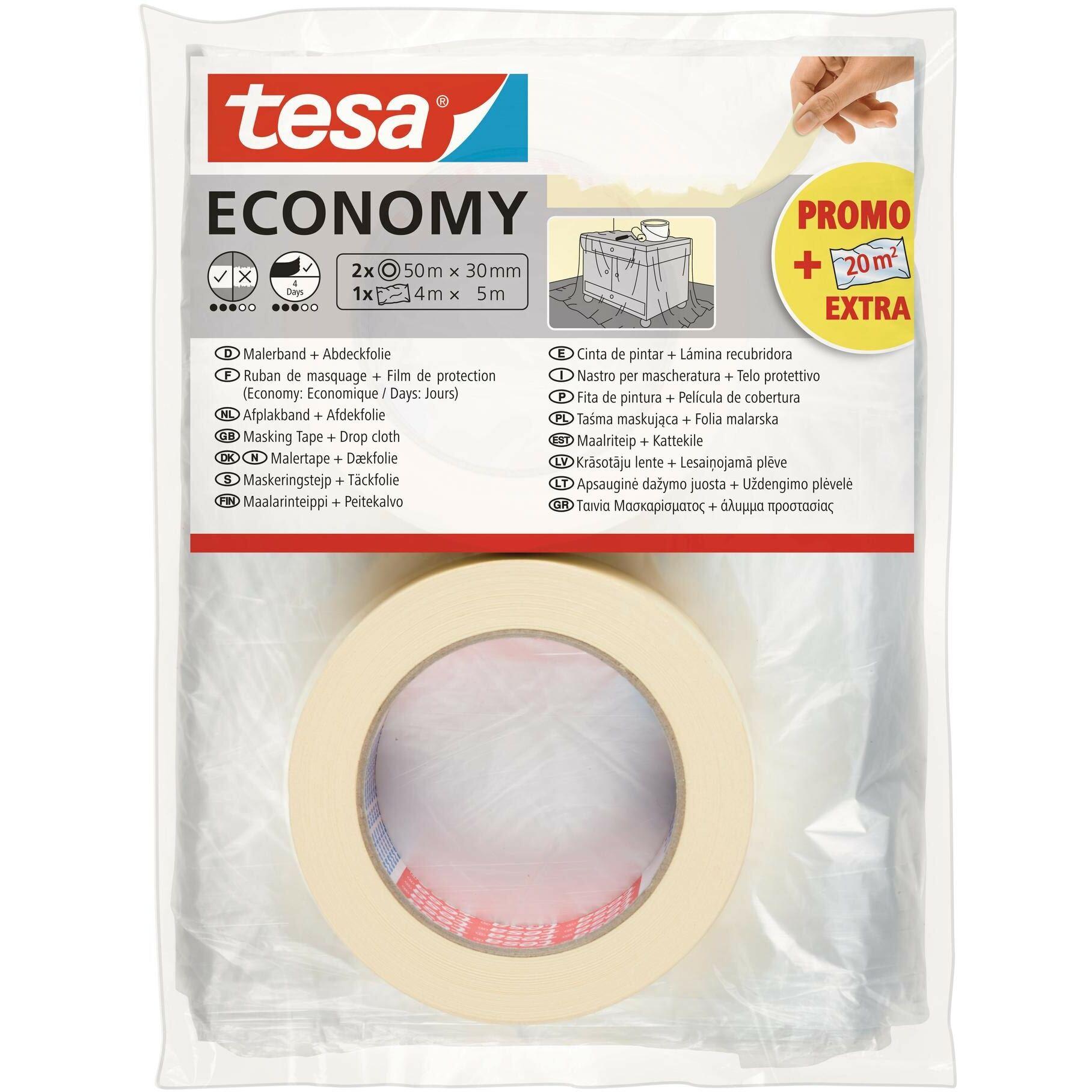 Tesa Beige Klebeband, 2X Malerband Economy Inkl. Abdeckfolie (30 Mm)