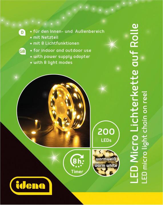 Produktbild Idena Micro-Lichterkette 200 LED warmweiss Gesamtlänge 22,9m auf Rolle 8h Timer 8 Lichtmodi (22.90 m)