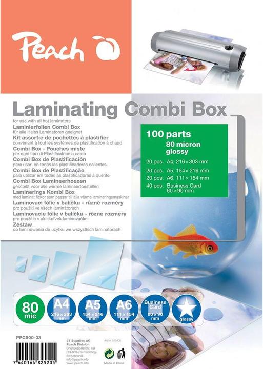 Produktbild Peach Laminating Combi Box (A4, A5, A6, Visitenkarte, 100 Stk., 80 µm)