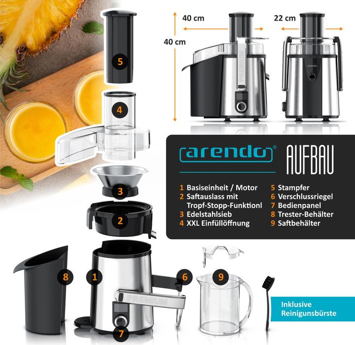 Produktbild Arendo Zentrifugalentsafter,1000W, BPA Frei, Edelstahl, XXL-Einfüllschacht, Programme, Display, Tropfstopp