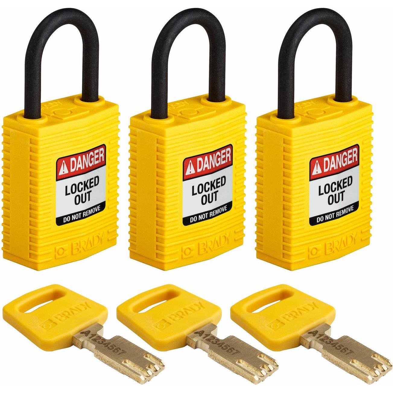 Brady, Vorhängeschloss, Safekey Kompaktes Nylon-Sicherheitsschloss mit Nylonbügel, Gelb, 25 mm Bügelhöhe, 4.3 mm Büg