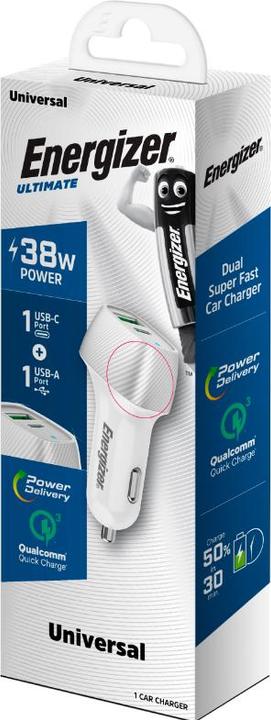 Immagine prodotto Energizer Caricabatterie da auto - Power Delivery e QC3 - 38W - 1 USB-C e 1 USB-A, argento
