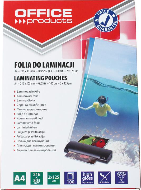 Produktbild Office Products Folie zum Laminieren, A4, 2x125 Mikron, glänzend, 100 Stk., transparent (A4, 100 Stk., 125 µm)