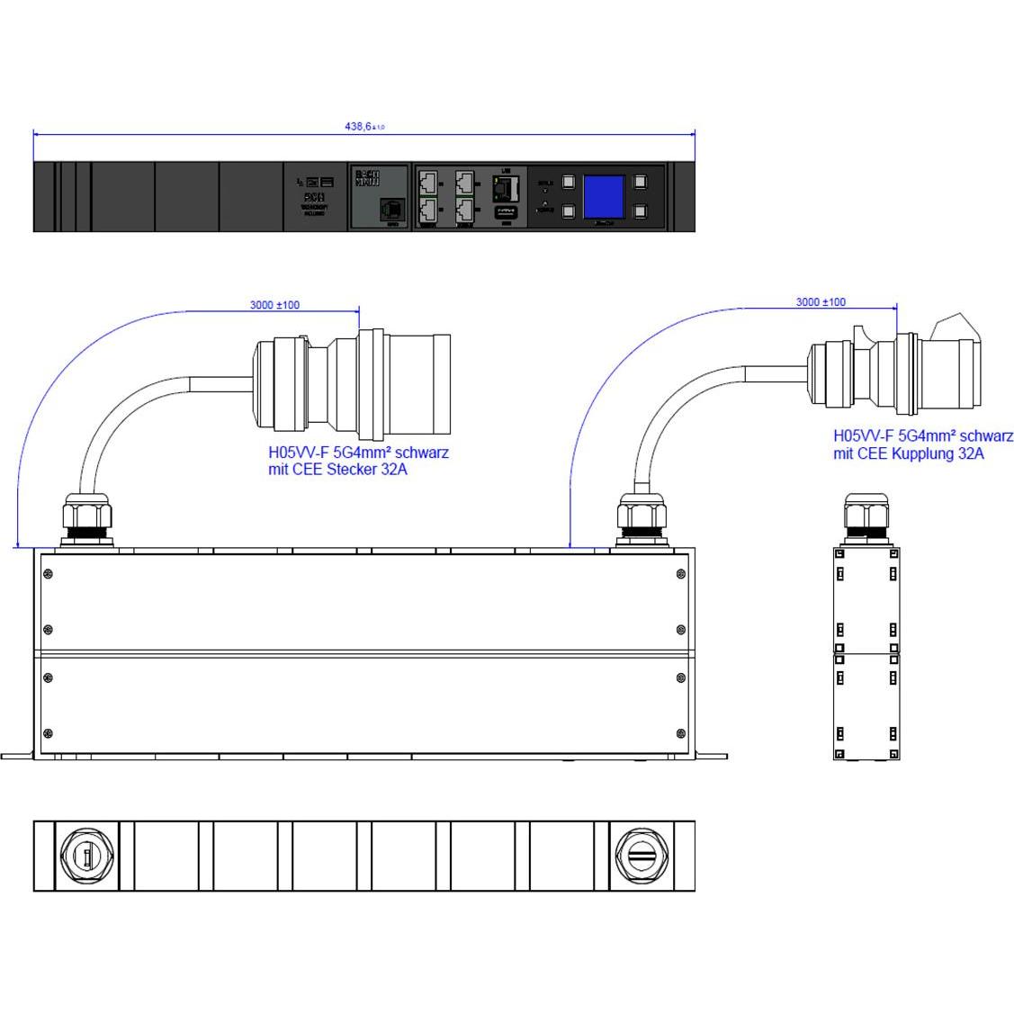 Thumbnail - Bachmann, Steckdosenleiste, BN3000 RCM XXL PROFIL 3x32A Messung p.Ph. 3m H05VV-F 5G 4 CEE 3x32A Lan (3 x, CEE 7/3, BS 13...