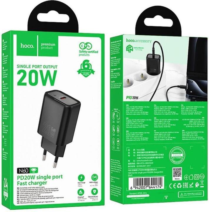 Produktbild Hoco Adapter wall charger Type C PD QC 20W N60 black (20 W, 1 Port)