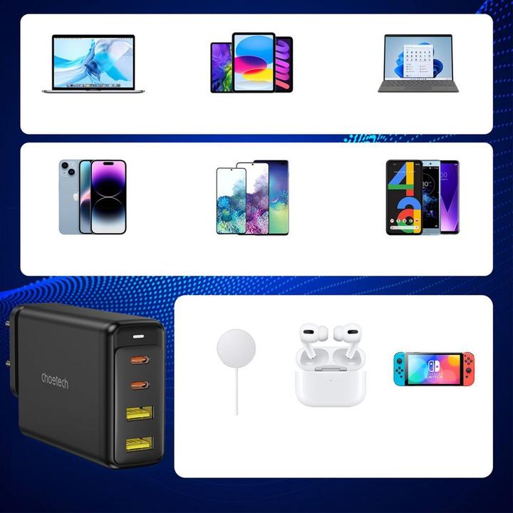 Produktbild Choetech Ladegerät GaN 140W 4 Ports (2x USB C, 2x USB) schwarz (PD6005) (140 W, 1 Port)