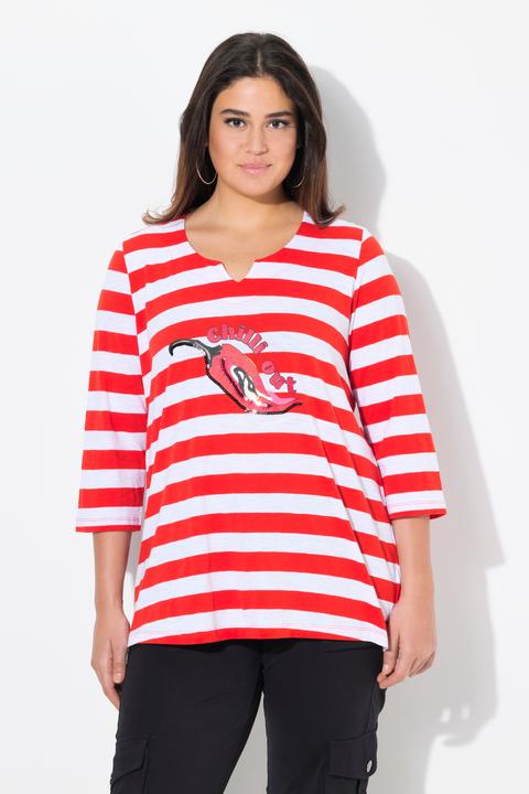 Immagine prodotto Ulla Popken Maglia classica a righe con peperoncino, scollo a V e maniche a 3/4 (46, 48)