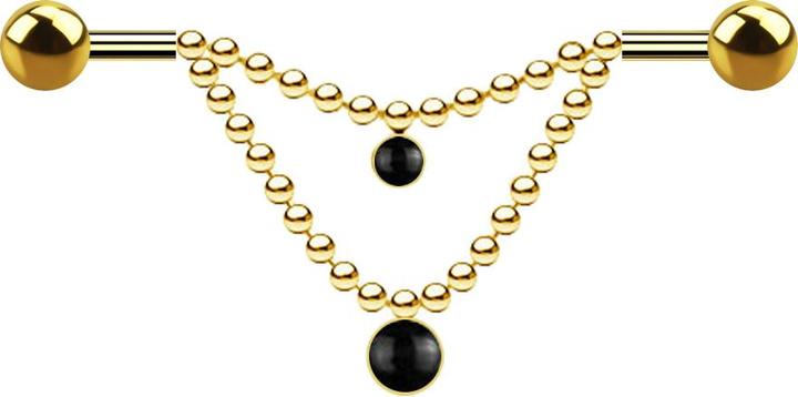 Image du produit Star Piercing Barbell plaqué or deux boules deux chaînes pierre d'onyx (sans laiton, Minéral, Acier chirurgical 316L)
