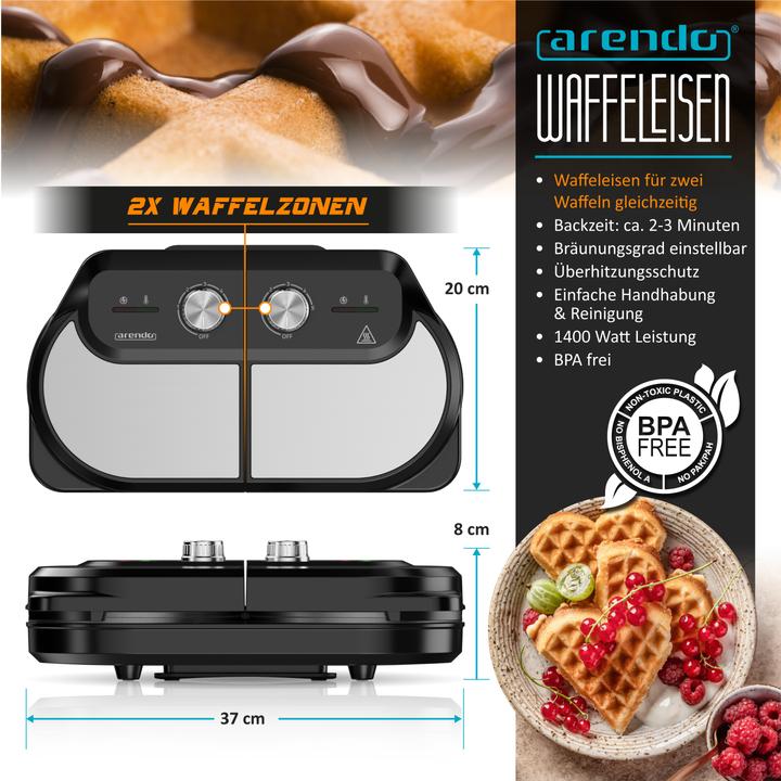Produktbild Arendo Waffeleisen mit 2x Waffelplatten, 1400 W, Temperaturregler, Antihaftbeschichtet, Edelstahl, BPA frei