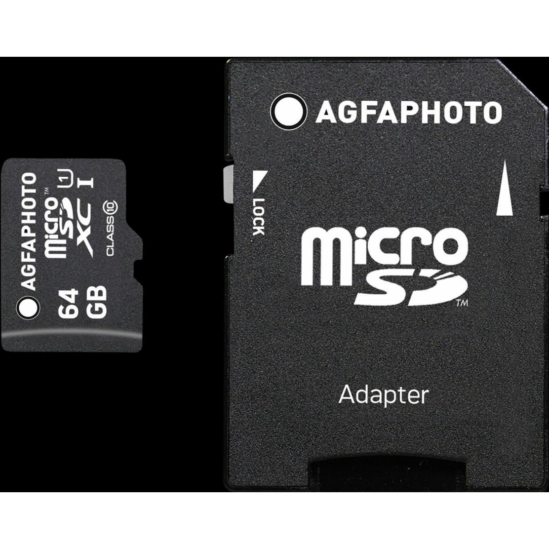 Thumbnail - AGFAPHOTO MicroSDXC UHS-I 64GB High Speed Class 10 U1 + Adapter (64 GB, microSDXC, U1, UHS-I), Speicherkarte, Schwarz