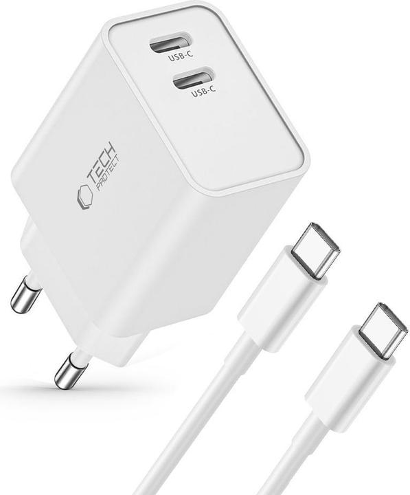 Actual product image Tech-Protect C35W 2x USB-C PD 35W network charger with USB-C / USB-C cable - white (35 W, 2 ports)