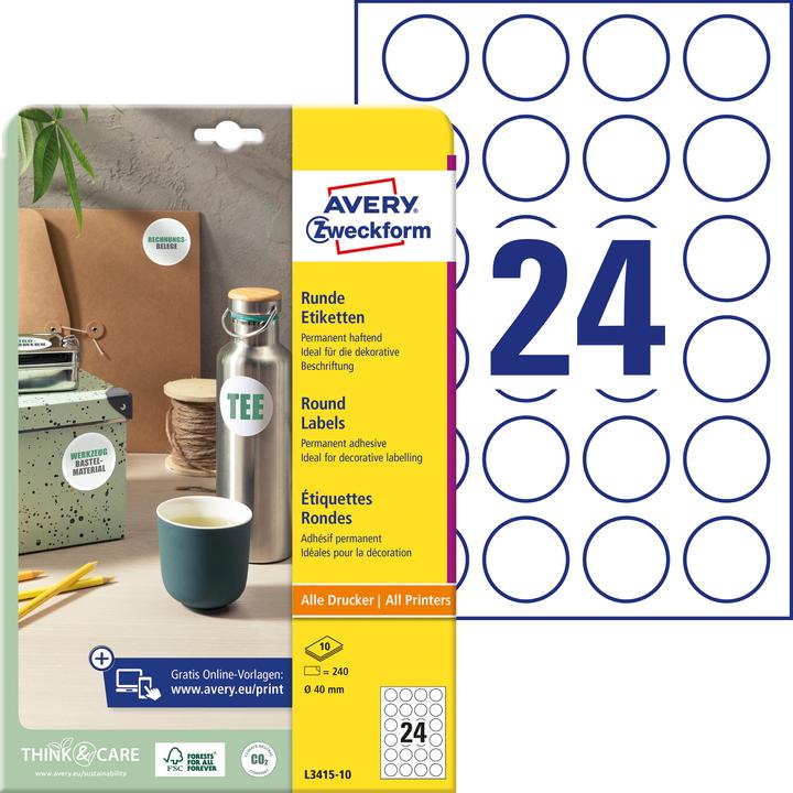 Avery 240 etichette Zweckform L3415-10 weiss 40,0 x 40,0 mm