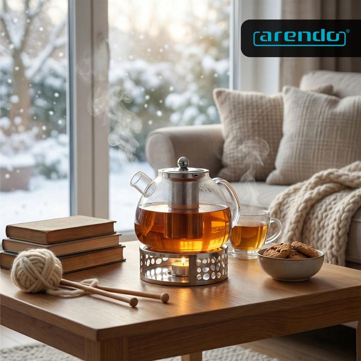 Immagine prodotto Arendo Teekanne Glas Teebereiter mit Stövchen & Sieb für losen Tee, 1,5l, Borosilikatglas, Hitzebeständig (1.50 l)