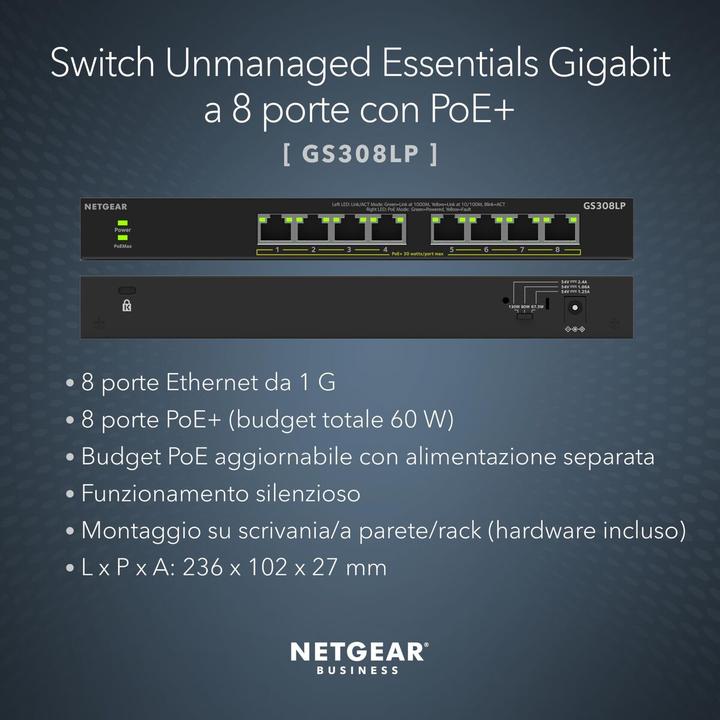 Immagine prodotto Netgear Switch 8 porte PoE Gigabit non gestito GS308LP (8 porte)