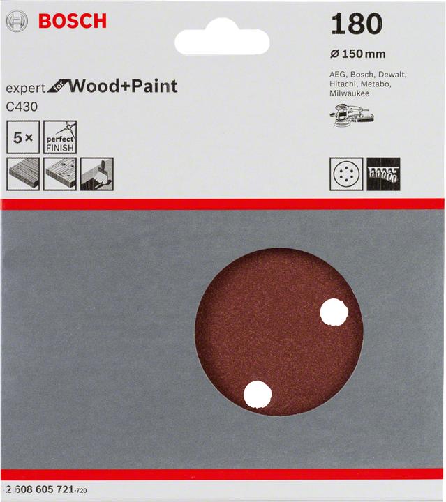 Image du produit Bosch Professional Zubehör Feuille abrasive C430, 150 mm, 180, 6 trous, auto-agrippant, paquet de 5 (180)
