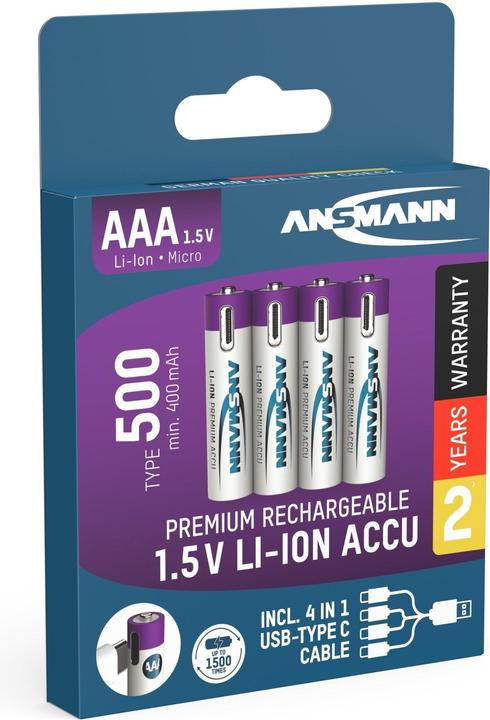 Immagine prodotto Ansmann LR03 USB-C Micro (AAA) batteria ricaricabile Li-Ion 500 mAh 1,5 V 4 pz. (4 pz., AAA, 400 mAh)