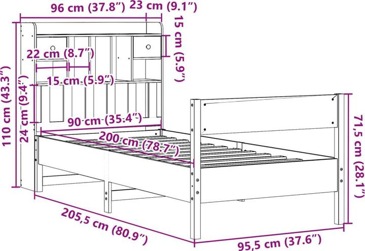 Produktbild VidaXL Massivholzbett Holzbett Bett mit Regal ohne Matratze 140x200cm Kiefer (140 x 200 cm)