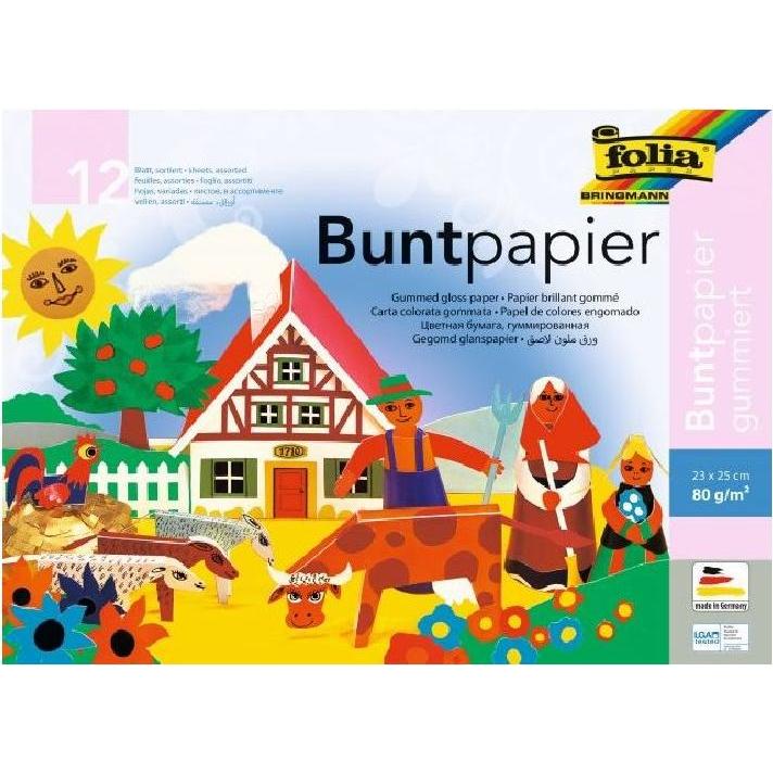 Folia, Bastelpapier, Buntpapier gummiert farbsortiert 80 g/qm 12 Blatt (80 g/m², 12 x)