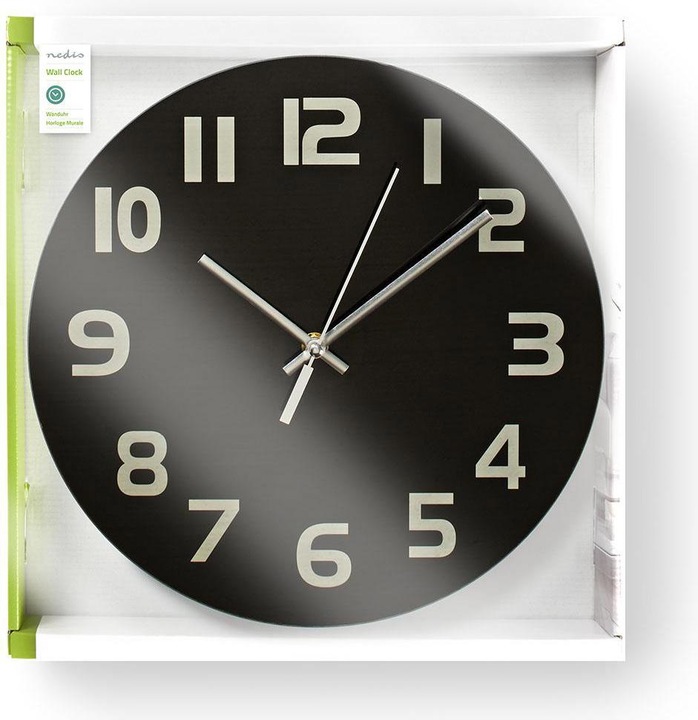 Immagine prodotto Nedis CLWA006GL30BK Orologio da parete circolare, diametro 30 cm, numeri di facile lettura, nero (30 cm)