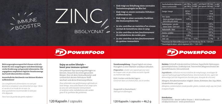 Valeurs nutritives et ingrédients Powerfood Zinc (120 pièce(s), Capsules, 60 g)