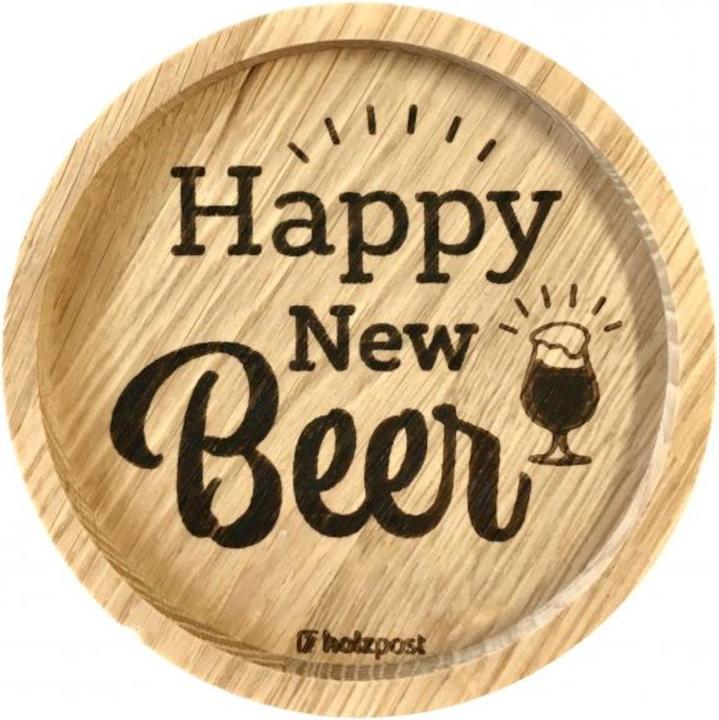 Produktbild Holzpost Untersetzer Happy New BEER Eiche 11,2cm (1x, Glasuntersetzer)