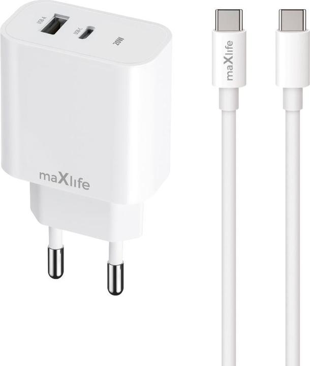 Maxlife MXTC-06 PD QC Ladegerät 1x USB-C 1x USB 20W weiss + USB-C - USB-C Kabel 20W (20 W)
