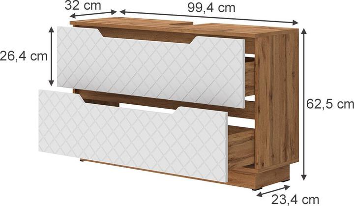 Actual product image Vicco Waschbeckenunterschrank Lotta, Eiche/Weiss mit Kachelstruktur, 99.4 x 62.5 cm mit 2 Schubladen (99.40 x 32 x 62.50 cm)