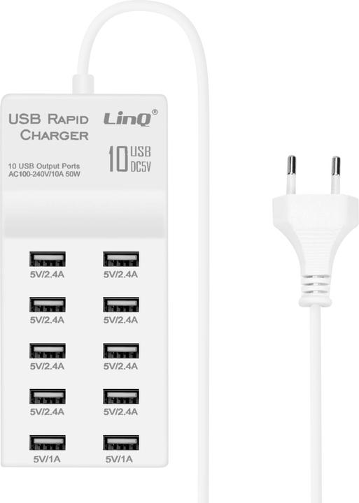 LinQ 50W Ladegerät mit 10 Quick Charge USB Anschlüssen kompaktes Design – Weiss (50 W)