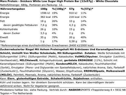 Valeurs nutritives et ingrédients Snickers Barre Hi Protein à faible teneur en sucre (Chocolat blanc, 12 pcs, 748 g)