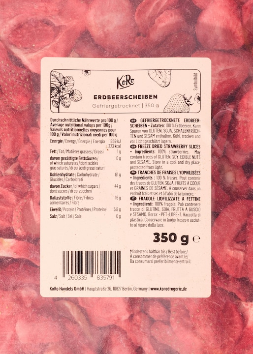 Nährwerte und Zutaten KoRo Gefriergetrocknete Erdbeerscheiben (350 g)