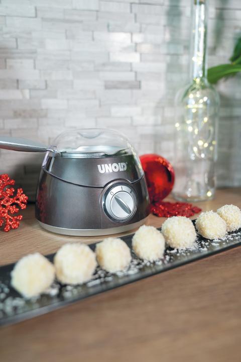 Produktbild Unold Chocolatier Weihnachtsedition 48967 (braun/silber, 25 Watt, 12 weihnachtliche Förmchen) (Schokoladenfondue)