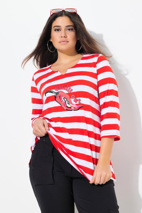 Immagine prodotto Ulla Popken Maglia classica a righe con peperoncino, scollo a V e maniche a 3/4 (46, 48)