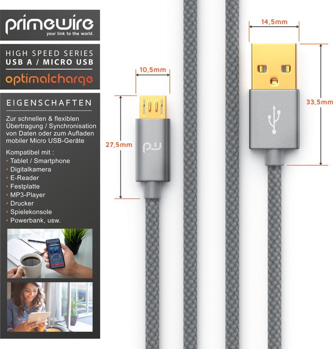 Immagine prodotto Primewire Cavo Micro USB - Cavo di ricarica rapida MicroUSB 2.4A, nylon, spina in metallo, cavo di ricarica (3 m, USB 2.0)