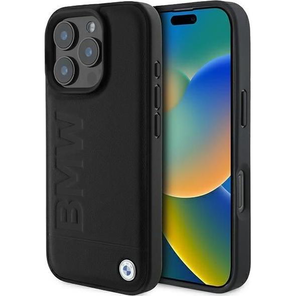 BMW BMHMP16XSLLBK Custodia rigida per iPhone 16 Pro Max 6,9" in pelle con timbro a caldo MagSafe (Apple iPhone 16 Pro Max), Cover smartphone, Nero