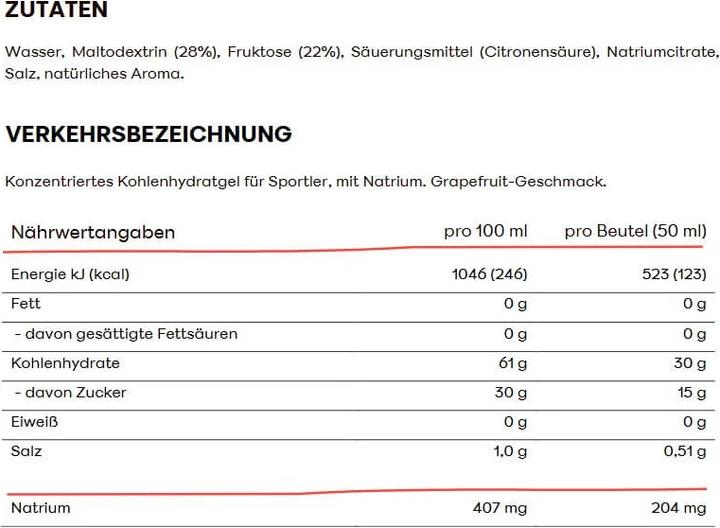 Nutritional values and ingredients Powerbar Fuel Gel (Grapefruit, 1 pcs., 50 g)