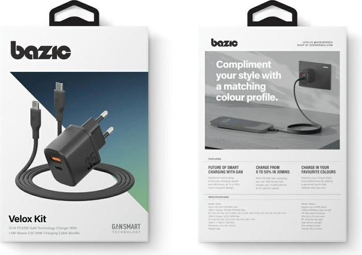 Actual product image Energea Wall Charger Bazic Goport Velox Kit 1xUSB-C 1xUSB-A GaN 35W with cable black (35 W, 2 ports)