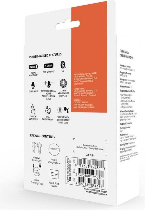 Actual product image Creative Zen Air Dot (black, Bluetooth, USB-C, ENC, IPX4) (Digital noise cancellation, 7 h, Wireless)