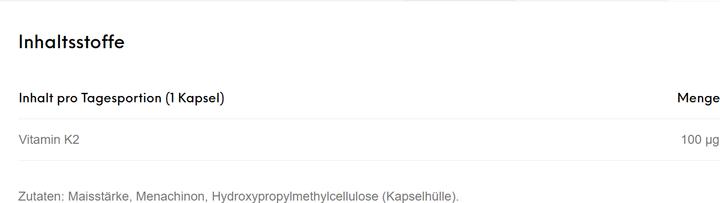 Nutritional values and ingredients Tasnim Vitamin K2 ESL - Menaquinone - 60 Capsules (60 Piece, Capsules, 16 g)