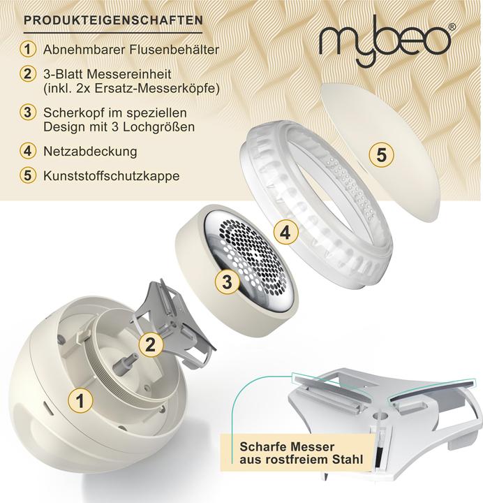 Actual product image Mybeo Lint shaver, electric rechargeable lint remover beige, safety switch, for clothing & upholstery