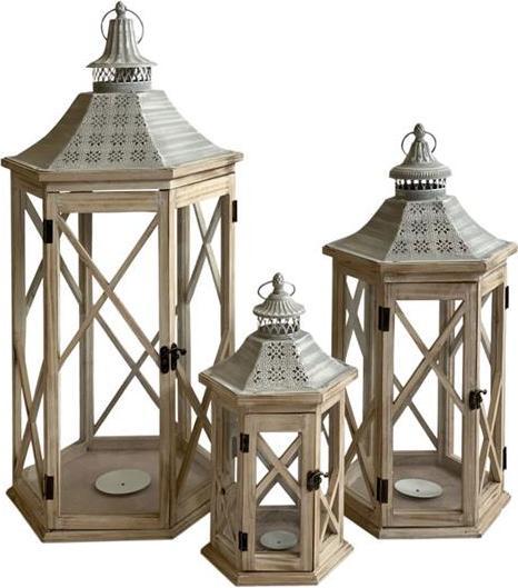Produktbild GuGus Laterne 3er Set 6-eckig FSC aus Holz mit grau washed Metalldach Farbe: Braun (3 x)