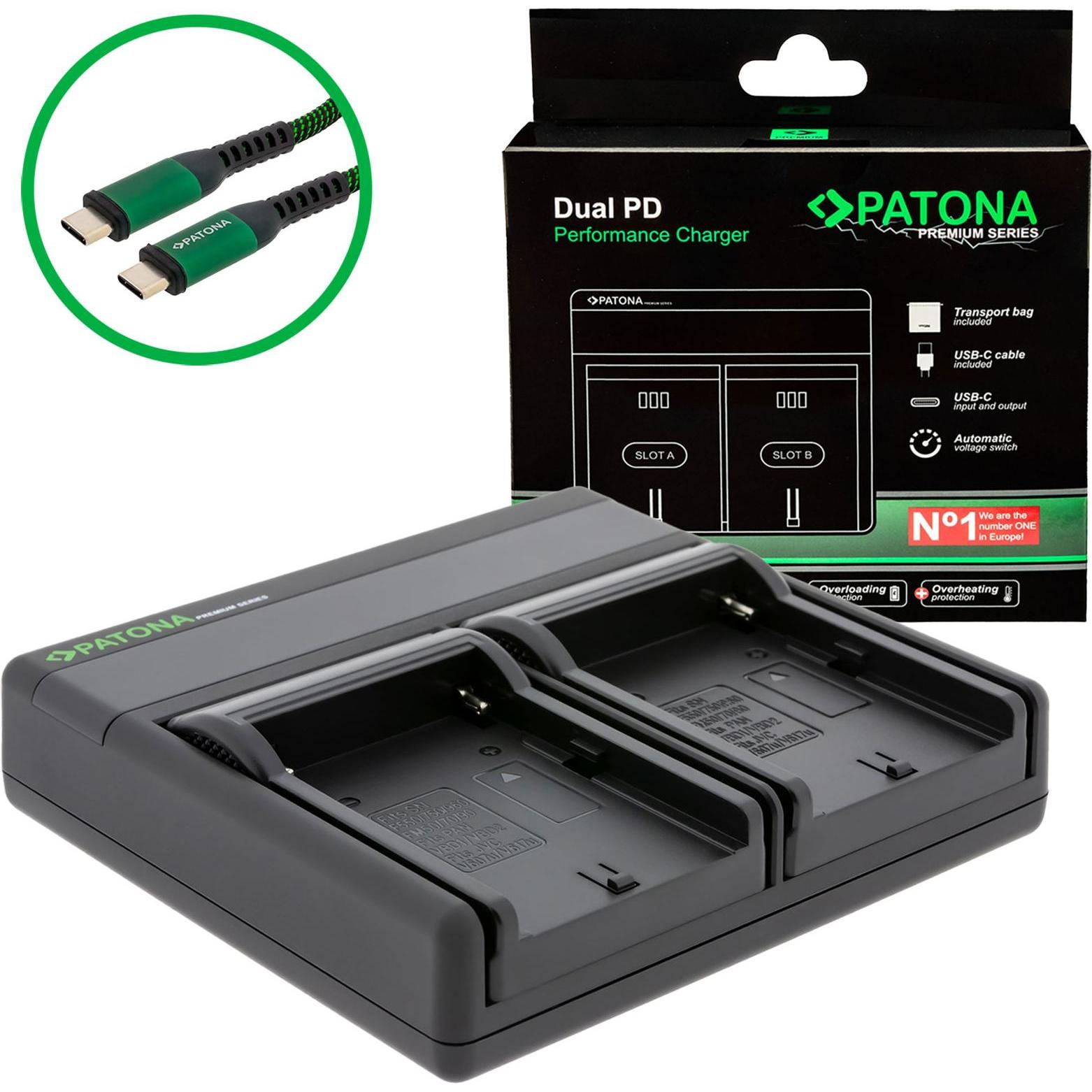 Patona Batterie di ricambio Doppio caricatore USB USB-C (Caricabatterie per fotocamere), Alimentatore fotocamera, Nero