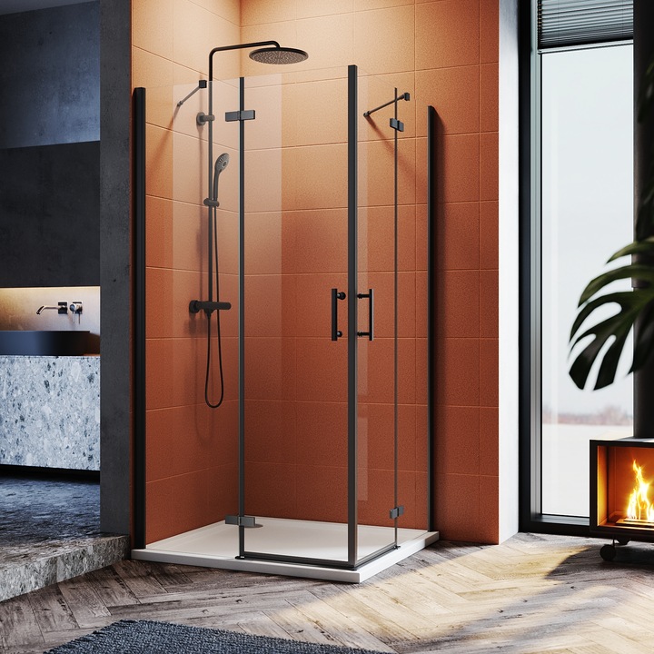 Produktbild SONNI Duschkabine mit Eckeinstieg, 80 x 120 cm, schwarze Dusche, Höhe 195 cm, mit Schwingtüren 6 mm (120 cm, 195 cm)