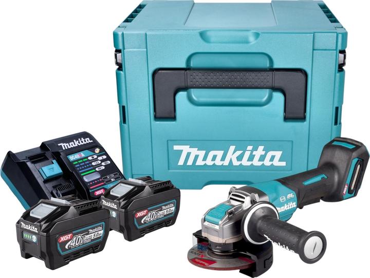 1x smerigliatrice angolare a batteria Makita GA 047 G, 1x impugnatura laterale (158237-4), 1x cofano protettivo (141L27-4), 1x disco da sbavo (E-00402), 1x copertura del cofano protettivo (199710-5), 2x Makita BL 4050 F 40 V max. 5,0 Ah, Batteria agli ioni di litio da 5000 mAh, 1x caricatore rapido Makita DC 40 RA 40 V, 1x Makita MAKPAC, 1x inserto universale